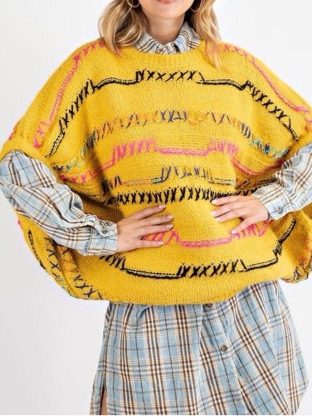 easel Bright Yellow Stitched Knit Sweater with Pink & Black Accents